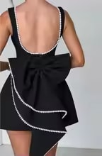 Elegant Pearl Bow Backless Mini Dress - Image 3